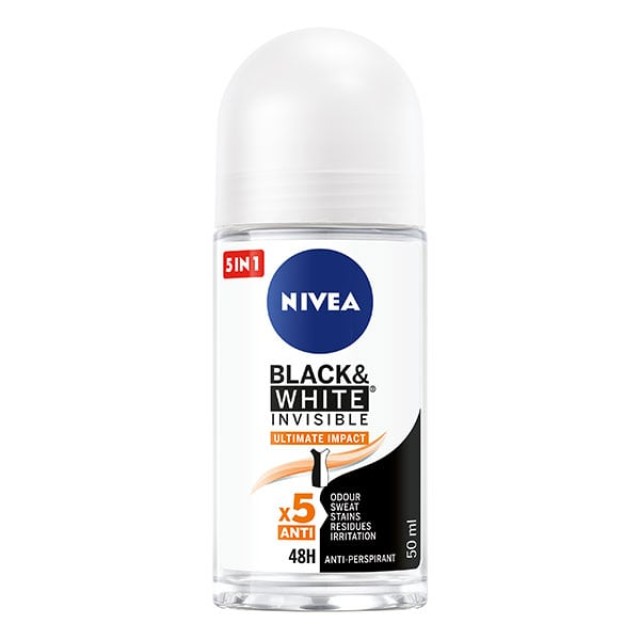 Nivea Black & White Invisible Ultimate Impact 5 in 1 Γυναικείο Αποσμητικό Roll-on 48ωρης Προστασίας, 50ml