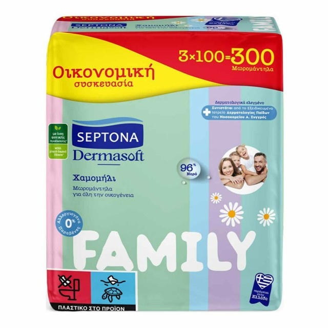 Septona Dermasoft Family Μωμομάντηλα Για Όλη Την Οικογένεια, 3x100 Τεμάχια