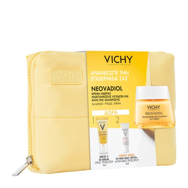 Vichy Promo Neovadiol Replenishing Antisagginess κρέμα ημέρας αναπλήρωσης λιπιδίων κατά της χαλάρωσης 50ml. ΔΩΡΟ ολοκληρομένο πρωτόκολλο περιποίησης με ορό Neovadiol Meno 5 Bi-Serum 5ml & αντηλιακό προσώπου Capital Soleil UV Age Daily spf 50+ 3ml σε μοντέ