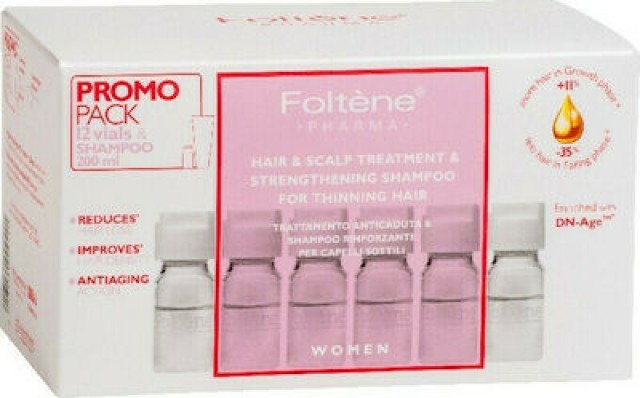 Foltene Pharma Ολοκληρωμένη Θεραπεία Κατά Της Τριχόπτωσης Για Γυναίκες Διάρκειας 1 Μήνα, 12 Αμπούλες x 6ml  & Δώρο Δυναμωτικό Σαμπουάν 200ml, 1 Σέτ