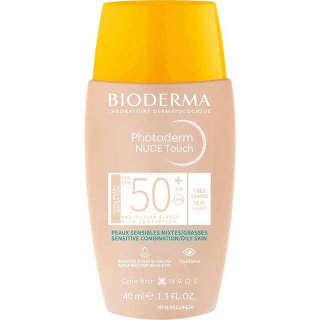 Bioderma Photoderm Nude Touch SPF50+ Tres Claire Αντηλιακή Κρέμα με Ελαφριά Κάλυψη για Πρόσωπο και Λαιμό, 40ml