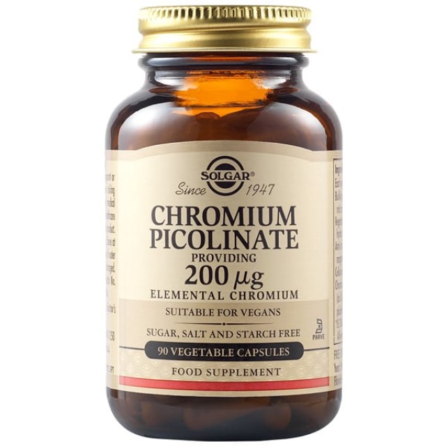 Solgar Chromium Picolinate 200µg Συμπλήρωμα Διατροφής Πικολινικού Χρώμιου, 90 Φυτικές Κάψουλες