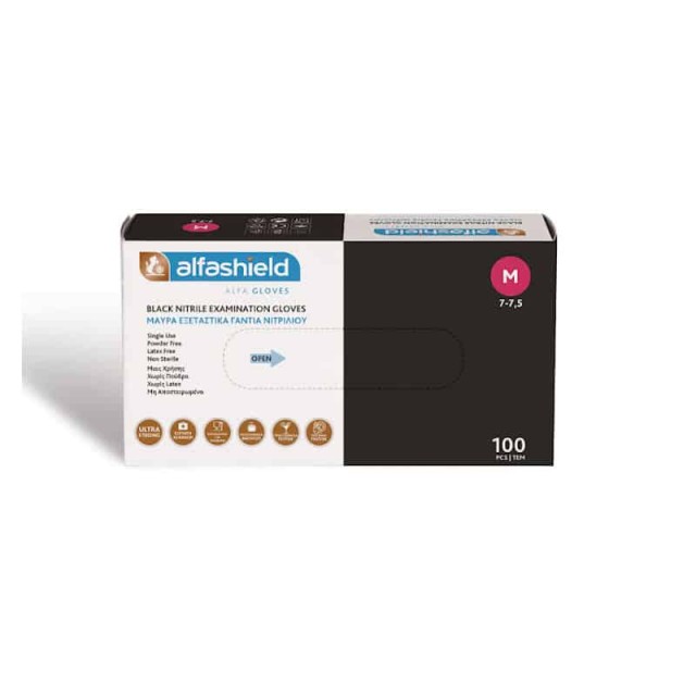 Alfashield Alfa Gloves Γάντια Νιτριλίου Χωρίς Πούδρα σε Μαύρο Χρώμα (Medium), 100τμχ