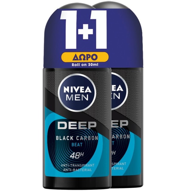 Nivea Men Deep Carbon Beat Αποσμητικό 72h Σε Roll-On, 2x50ml (1+1 Δώρο)
