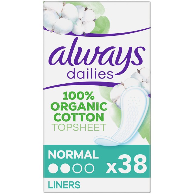 Always Dailies Cotton Protection Νormal Σερβιετάκια Από 100% Oργανικό Bαμβάκι Για Μέτρια Ροή, 38 Τεμάχια