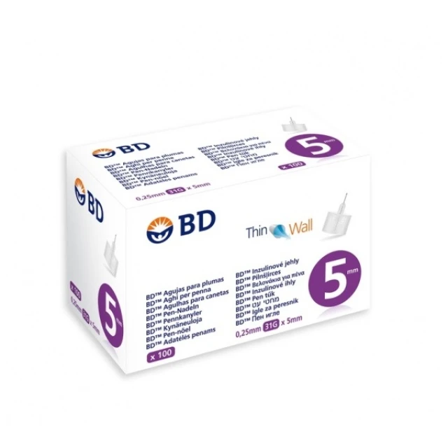 BD Thin Wall 31G 0.25mm x 5mm Insulin Needles, 100pcs