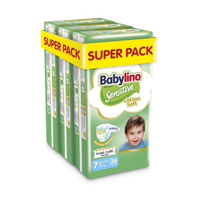 Babylino Sensitive Cotton Soft Bρεφική Πάνα No7 15+ Kg SUPER PACK 108 τμχ (3X36)