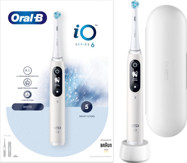 Oral-B iO Series 6 Ηλεκτρική Οδοντόβουρτσα με Αισθητήρα Πίεσης και Θήκη Ταξιδίου Ασπρο, 1 Τεμάχιο
