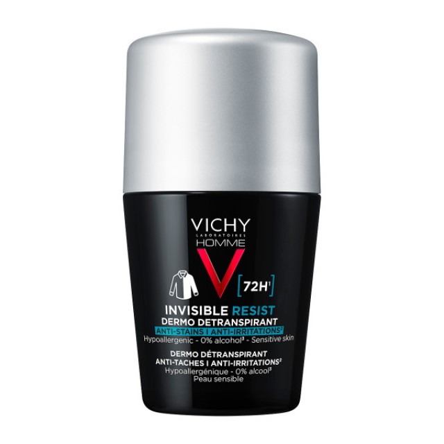 Vichy Homme Invisible, Anti-Stain - Anti Irritation Roll-On Αποσμητικό κατά των σημαδιών και της έντονης εφίδρωσης, 50ml