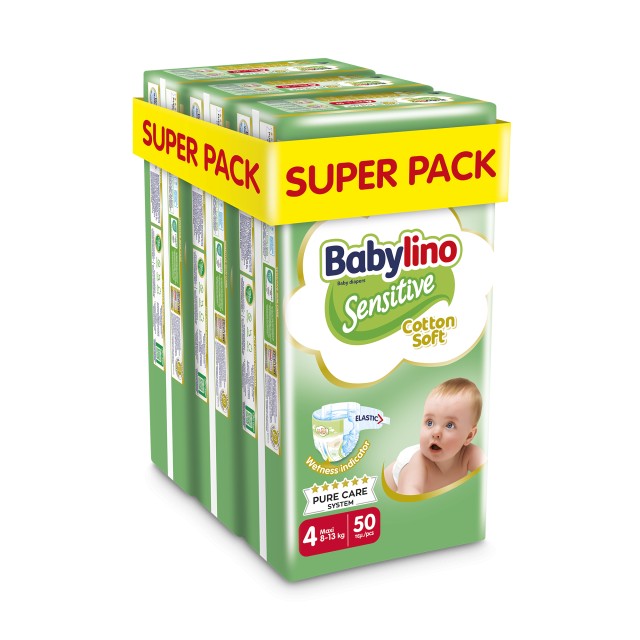 Babylino Sensitive Cotton Soft Bρεφική Πάνα No4 8-13 Kg SUPER PACK 150 τμχ (3X50)
