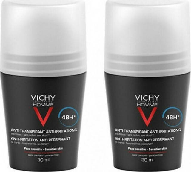 Vichy Homme Deodorant For Sensitive Skin Αποσμητικό Roll-on 48ωρης Προστασίας Promo 2x50ml