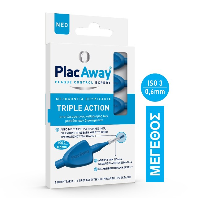 Plac Away Triple Action Μεσοδόντια Βουρτσάκια 0.6mm σε χρώμα Μπλε 6τμχ