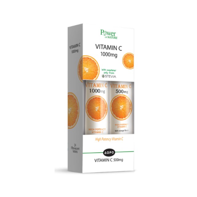 Power Of Nature Vitamin C 1000mg Στέβια, 20 Αναβράζοντα Δισκία & Vitamin C 500mg, 20 Αναβράζοντα Δισκία