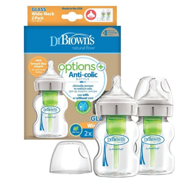 Dr. Browns Options+ Anti-Colic Μπιμπερό Γυάλινο με Φαρδύ Λαιμό & Θηλή Σιλικόνης, 2x150ml