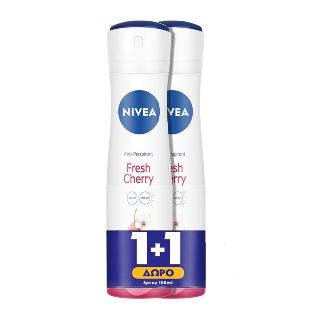 Nivea Promo Fresh Cherry Long Lasting Freshness Deodorant Spray Γυναικείο Αποσμητικό 48ωρης Προστασίας Mε Άρωμα Κεράσι, 2x150ml 1+1 Δώρο