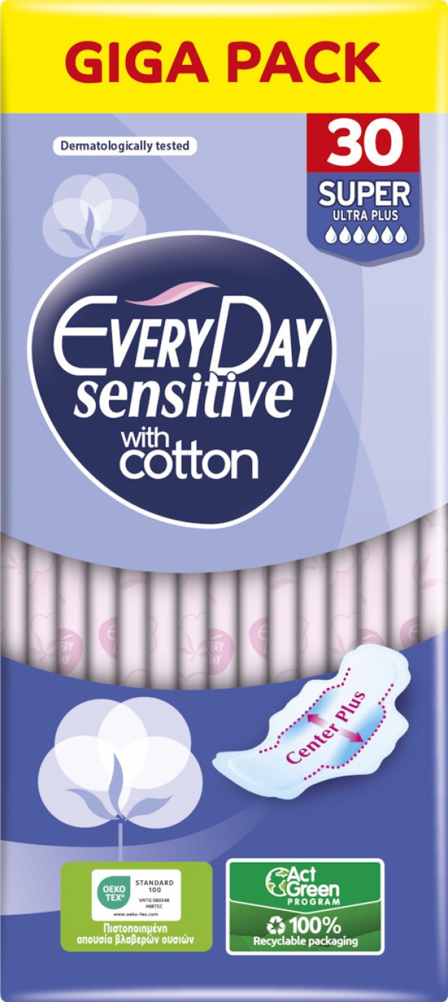 Every Day Sensitive With Cotton Super Ultra Plus Giga Pack Μεγάλου Μήκους Σερβιέτες Με Φτερά Προστασίας & Βαμβάκι, 30 Τεμάχια