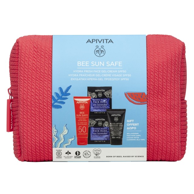 Apivita Promo Bee Sun Safe Hydra Fresh Gel-Cream Spf50 50ml + Black Detox Cleansing Jelly 50ml + Express Face Mask Sea Levander 2x8ml + Δώρο Κοραλί Νεσεσέρ