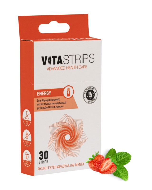Vitastrips Energy Συμπλήρωμα Διατροφής με Β12 για Τόνωση και Ενέργεια, 30 Λεπτά Φυλλαράκια