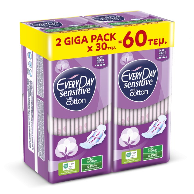 Everyday Σερβιέτες Sensitive Cotton Maxi Night Ultra Plus Giga Pack Σερβιέτες Για Μεγάλη Ροή, 60 Τεμάχια (2x30)
