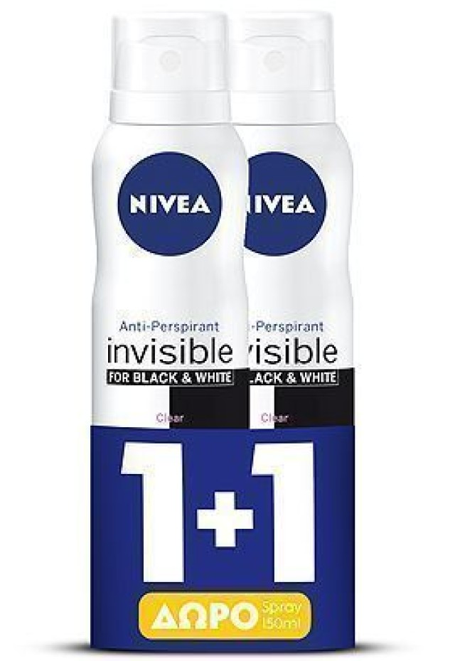 Nivea PROMO Black & White Invisible Clear Γυναικείο Αποσμητικό Spray 48ωρης Προστασίας, 2x150ml 1+1 ΔΩΡΟ
