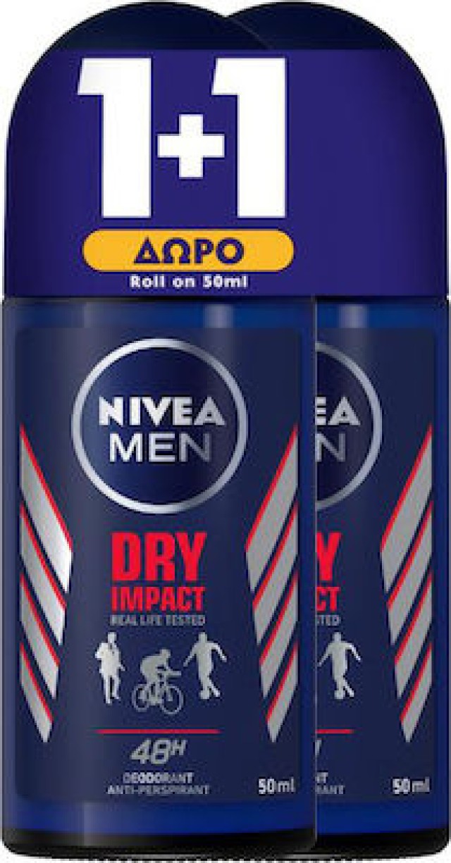 Nivea Men Dry Impact Plus Ανδρικό Αποσμητικό Roll-on 48ωρης Προστασίας 1+1 ΔΩΡΟ, 2x50ml