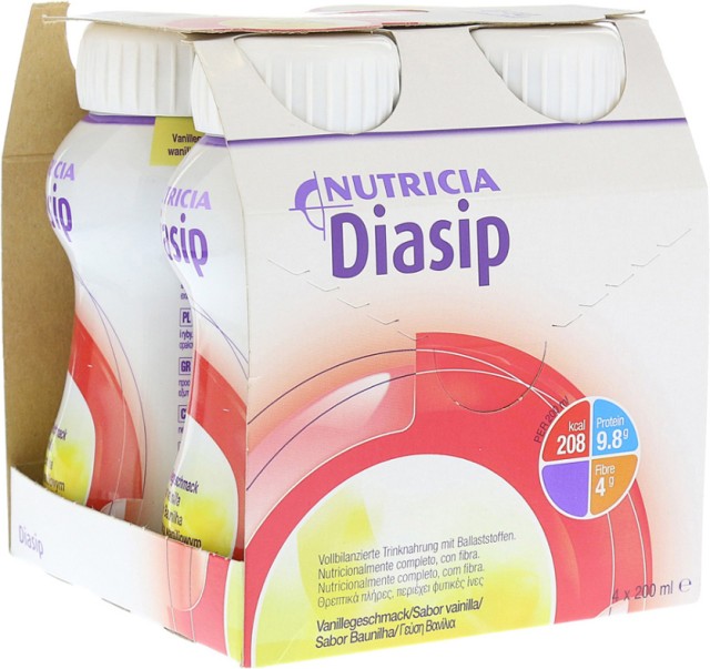 Nutricia Diasip Θρεπτικό Συμπλήρωμα Διατροφής Για Διαβητικούς Ασθενείς με Γεύση Βανίλια, 4x200ml