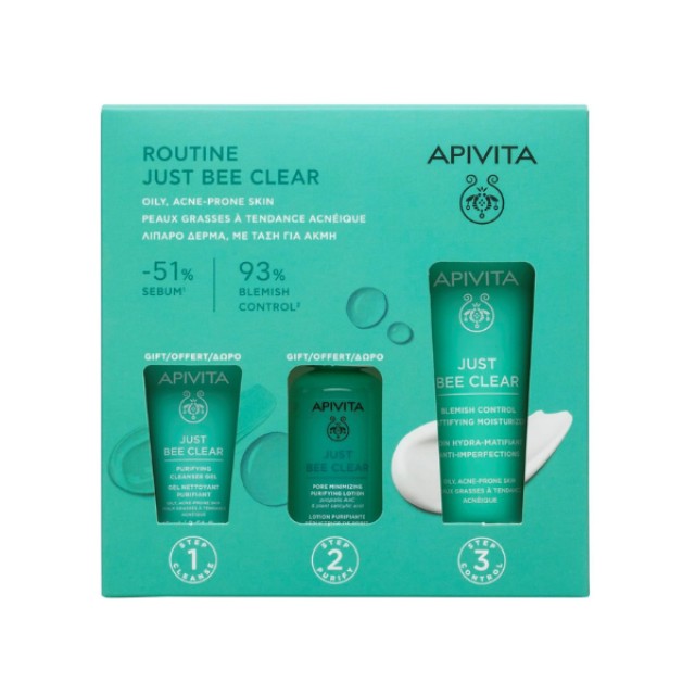 Apivita Promo Routine Just Bee Clear με Just Bee Clear Κρέμα κατά των Ατελειών 40ml + Just Bee Clear Λοσιόν Σύσφιξης Πόρων 50ml + Gel Καθαρισμού Προσώπου 15ml