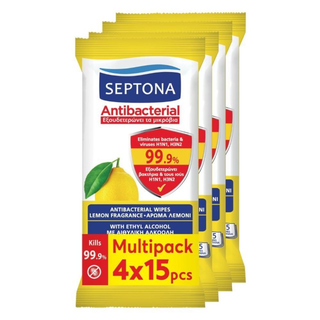 Septona Antibacterial Αντιβακτηριακά Μαντηλάκια με Λεμόνι, (4x15τεμ) 60τμχ