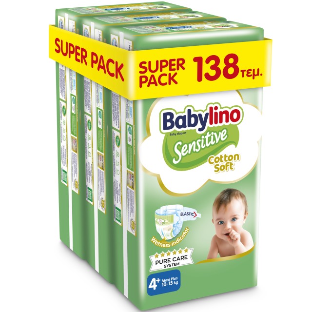 Babylino Super Pack Sensitive Cotton Soft Νο.4+ (10-15kg) Βρεφικές Πάνες, 3x46τμχ