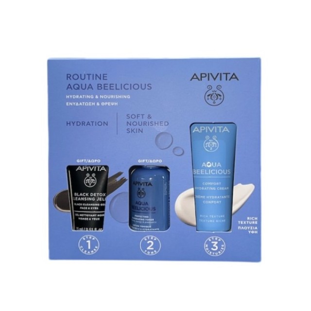 Apivita Promo Αqua Beelicious Comfort Hydrating Cream Ενυδατική Κρέμα 40ml + Perfecting Toner Λοσιόν Ενυδάτωσης 50ml + Black Dettox Cleansing Jelly Gel Καθαρισμού 15ml