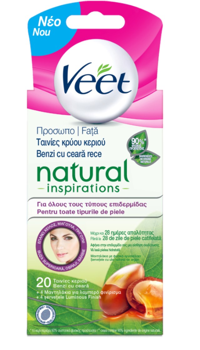 Veet Easy Gel Natural Inspirations Ταινίες Αποτρίχωσης Προσώπου Κρύο Κερί με Αργανέλαιο για Κανονικές Επιδερμίδες 20 Τεμάχια
