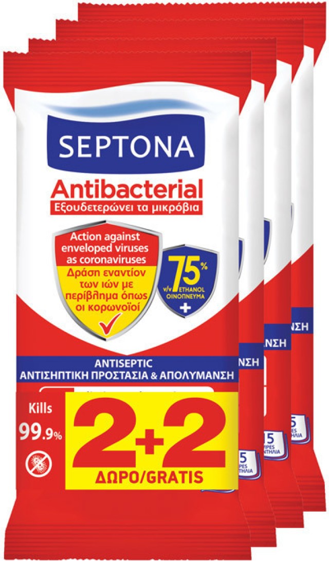 Septona Antibacterial Υγρά Μαντηλάκια 75% (4 x 15τμχ), 60τμχ