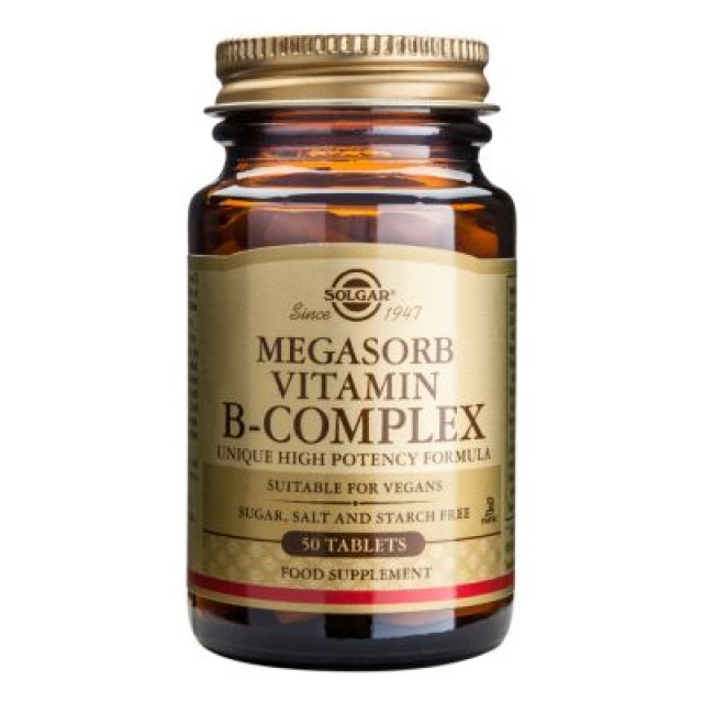 Solgar Megasorb B Complex Συμπλήρωμα Βιταμινών Με Σύμπλεγμα Βιταμινών Β, 50 Ταμπλέτες