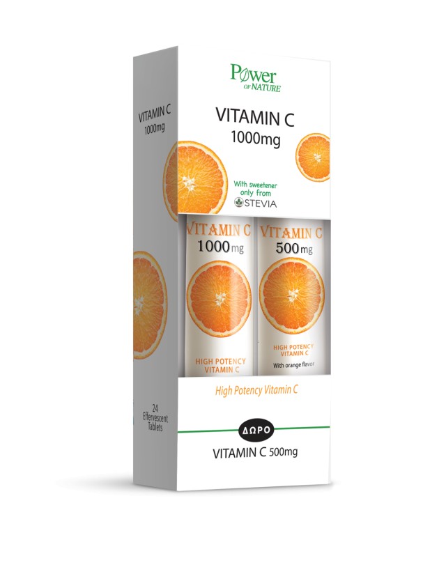 Power Of Nature Vitamin C 1000mg Στέβια, 24 Αναβράζοντα Δισκία & Vitamin C 500mg Στέβια, 20 Αναβράζοντα Δισκία