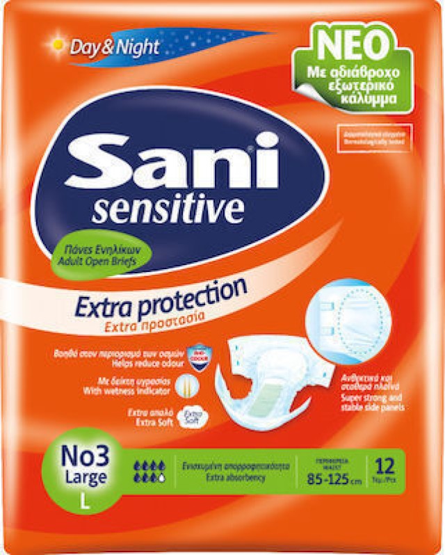 Sani Sensitive Day & Night Μέγεθος Large No3 Πάνες Ακράτειας Ενηλίκων, 12 Τεμάχια