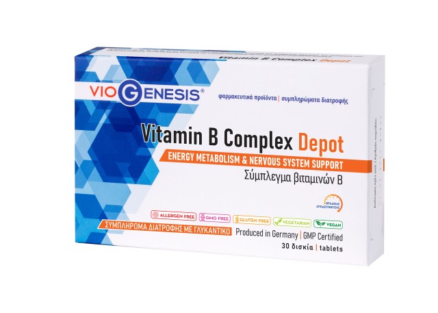 VioGenesis Vitamin B Complex Depot Συμπλήρωμα διατροφής βραδείας αποδέσμευσης με σύμπλεγμα βιταμινών Β, 30 tabs