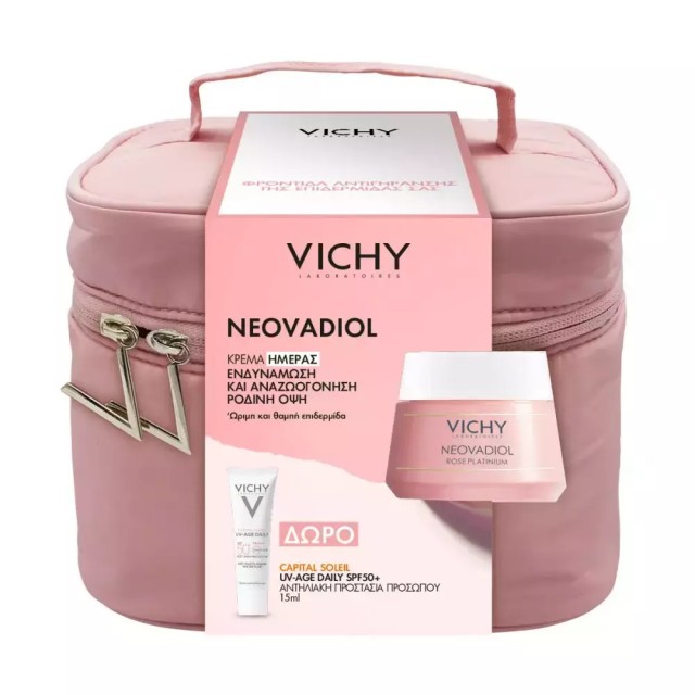 Vichy Neovadiol Rose Platinium Κρέμα Ημέρας 50ml + Capital Soleil, UV-Age Daily SPF50+ Αντηλιακή προσώπου 15ml + Ροζ Νεσεσέρ