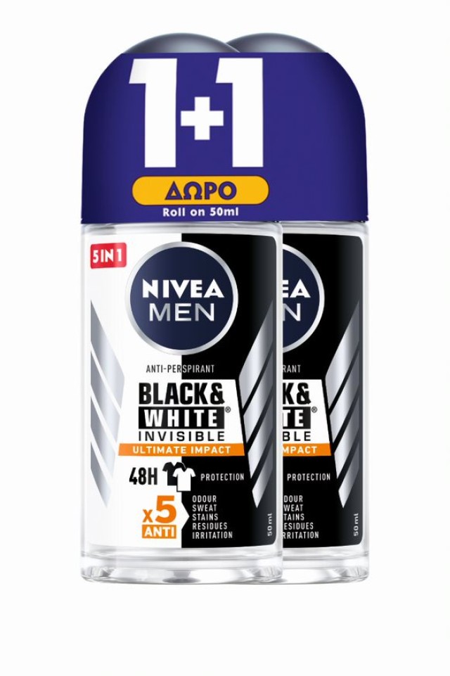 Nivea Men Promo Black & White Invisible Ultimate Impact Roll-on 1+1 Δώρο Ανδρικό Αποσμητικό 48ωρης Προστασίας, 2x50ml
