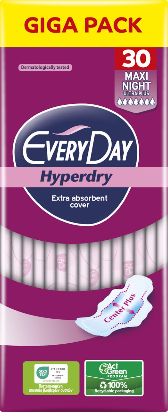 Every Day Hyperdry Maxi Night Ultra Plus Giga Pack Μεγάλου Μήκους Σερβιέτες Με Φτερά Προστασίας & Βαμβάκι - Για Μεγάλη Ροή, 30 Τεμάχια