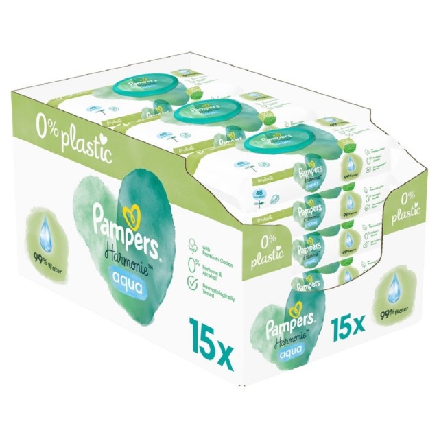 Pampers Aqua Harmonie Monthly Pack Μωρομάντηλα Με Καπάκι Για Την Ευαίσθητη Παιδική Επιδερμίδα, 720 Τεμάχια (15x48 Τεμάχια)