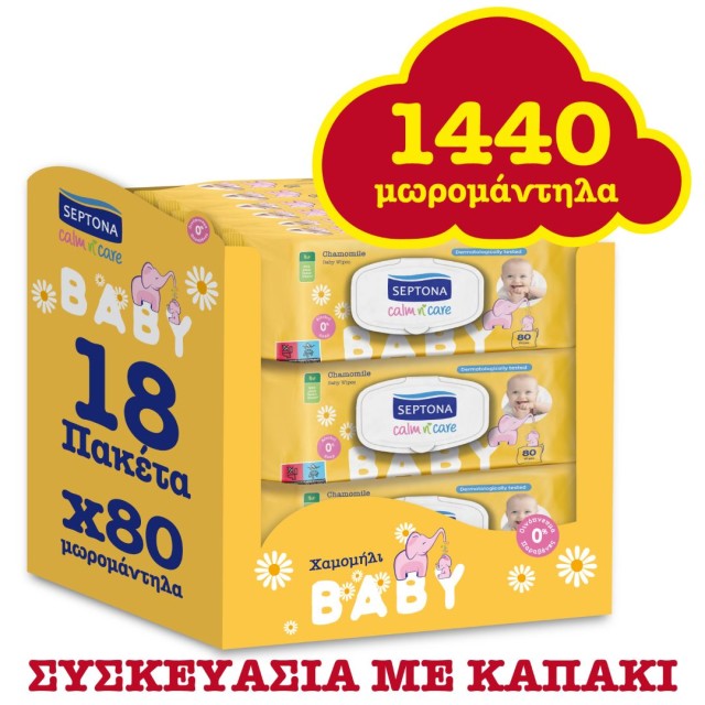 Septona Calm N Care Baby Μωρομάντηλα Για Βρέφη Με Χαμομήλι Μηνιαίο Πακέτο, 18x80 Τεμάχια (1440 Μωρομάντηλα)