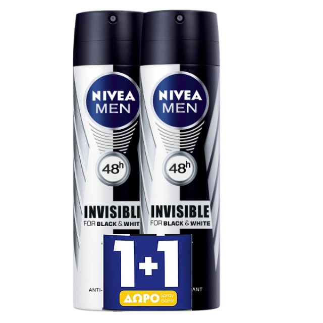 Nivea Men Black & White Invisible Power Ανδρικό Αποσμητικό Spray 48ωρης Προστασίας 1+1 ΔΩΡΟ, 2x150ml