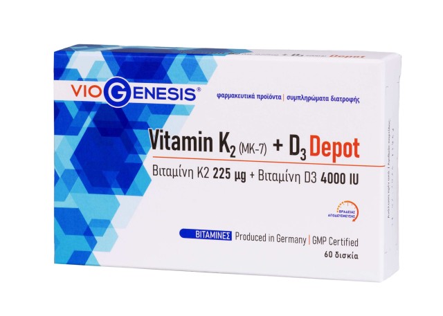 VioGenesis Vitamin K2 [MK-7] 225mg + Vitamin D3 Depot 4000iu Βραδείας Αποδεύσμευσης, 60 Ταμπλέτες
