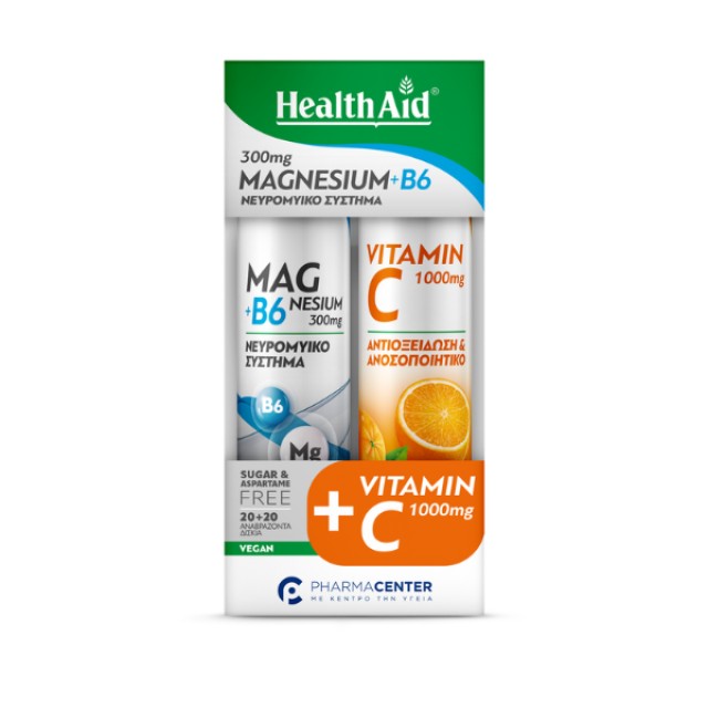 Health Aid Promo Pack Magnesium + B6 Γεύση Λεμόνι 20 αναβρ. δισκία + Vitamin C 1000mg Γεύση Πορτοκάλι 20 αναβρ. δισκία