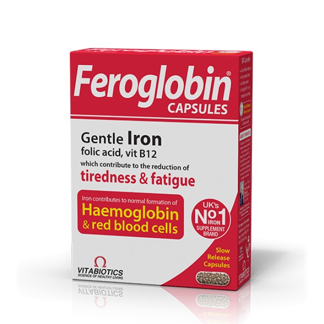 Vitabiotics Feroglobin Slow Release Συμπλήρωμα Σιδήρου με Φυλλικό Οξύ και Β12, 30 Κάψουλες