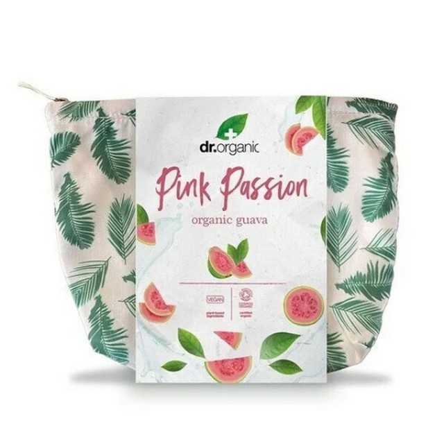 Dr. Organic Pink Passion Organic Guava Promo Με Σαμπουάν 265ml, Αφρόλουτρο 250ml, Καθαριστικό Προσώπου 150ml & Δώρο Νεσεσέρ, 1 Σετ
