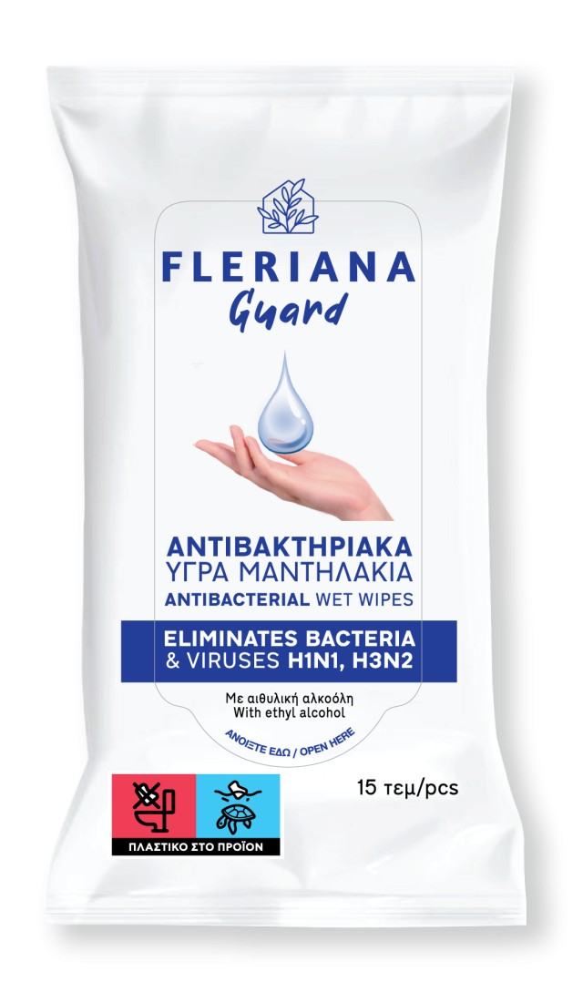 Power Health Fleriana Guard Αντιβακτηριακά Υγρά Μαντηλάκια, 15 Τεμάχια