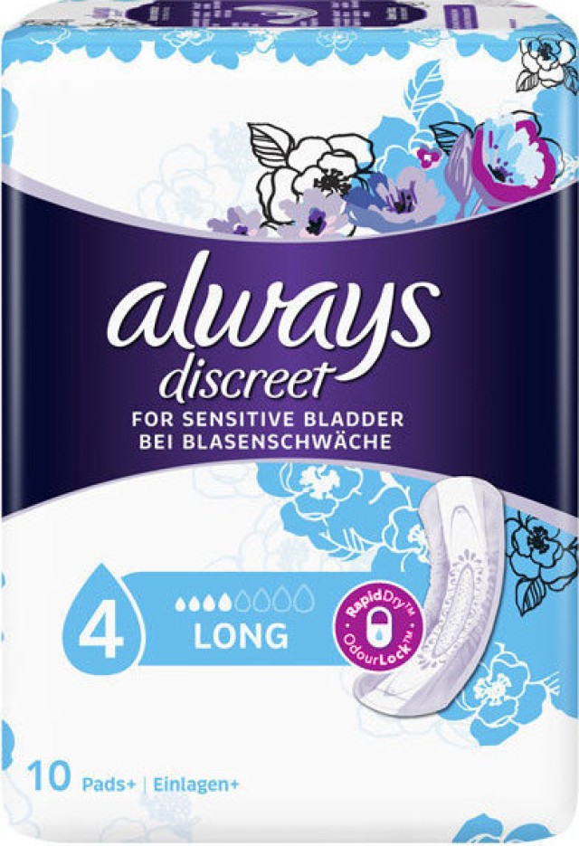 Always Discreet Lady Pads Long Σερβιέτες Ακράτειας, 10 Τεμάχια