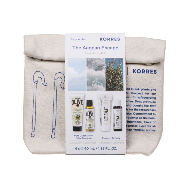 Korres The Agean Escape Travel Essentials Kρέμα Σώματος Άνθη Eλιάς 40ml + Αφρόλουτρο Άνθη Eλιάς 40ml + Αλόη και Δίκταμο Σαμπουάν 40ml + Αλόη και Δίκταμο Mαλακτική Kρέμα Μαλλιών 40ml