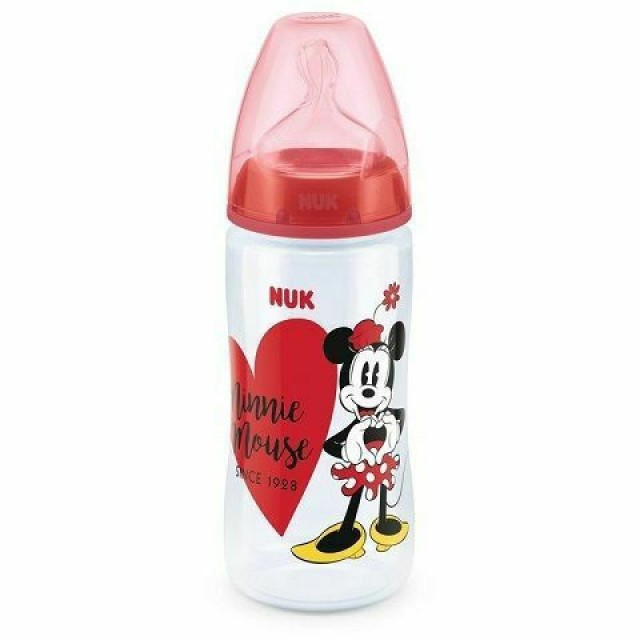 Nuk Πλαστικό Μπιμπερό First Choice Plus Temperature Control Mickey & Minnie Κατά των Κολικών με Θηλή Σιλικόνης 300ml για 6-18 μηνών Κόκκινο